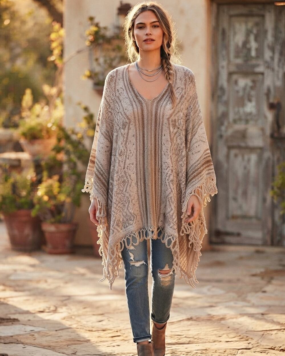 Free People Boho Fringe Metallic Knit Poncho Neutral Beige Festival Size Medium